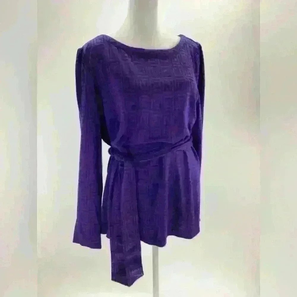 XL LIZ CLAIBORNE Women Blue Purple Tie Waisted Tunic Long Sleeve Top A57 X Large